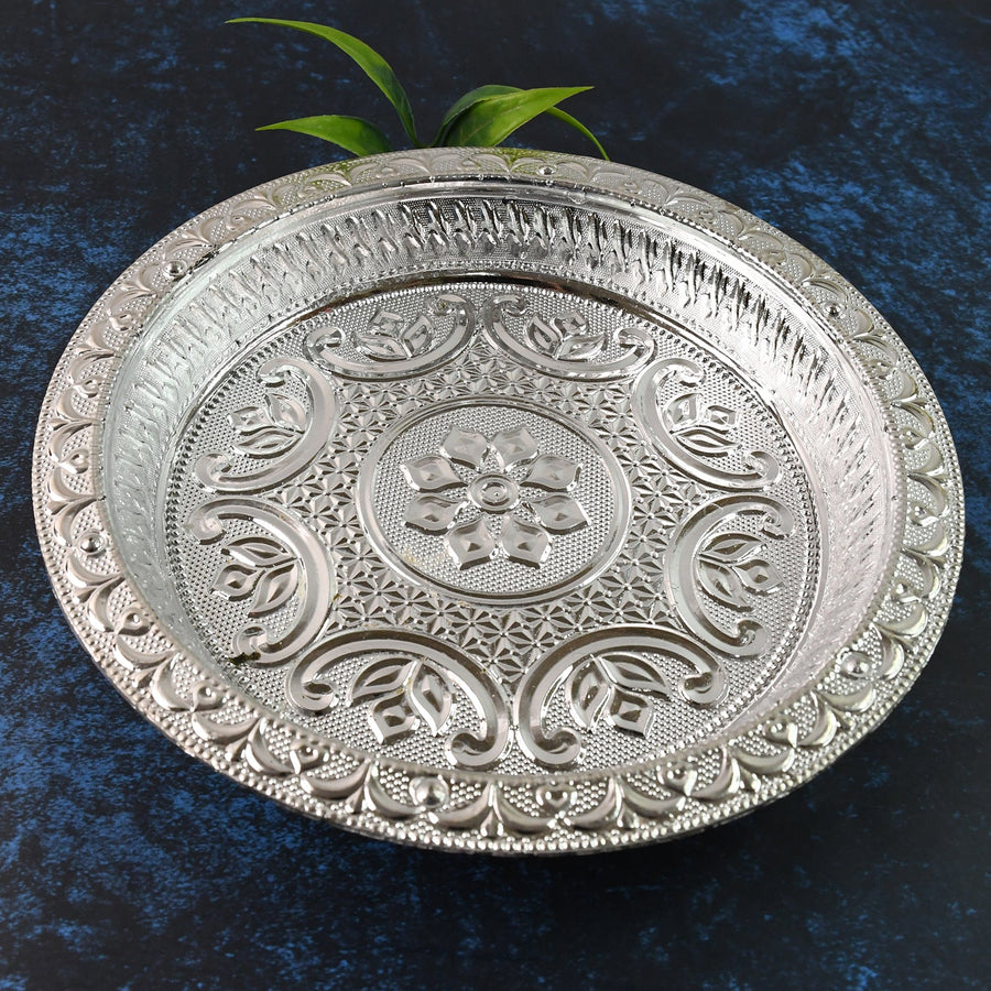 Traditional Silver Finish Plastic Pooja Thali (1 Pc)