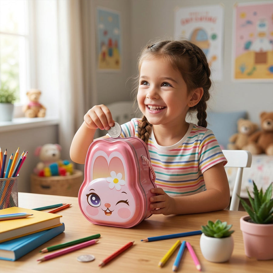 Cute Bunny-Shaped Metal Piggy Bank with Lock & Key – 1 Pc, Mix Design