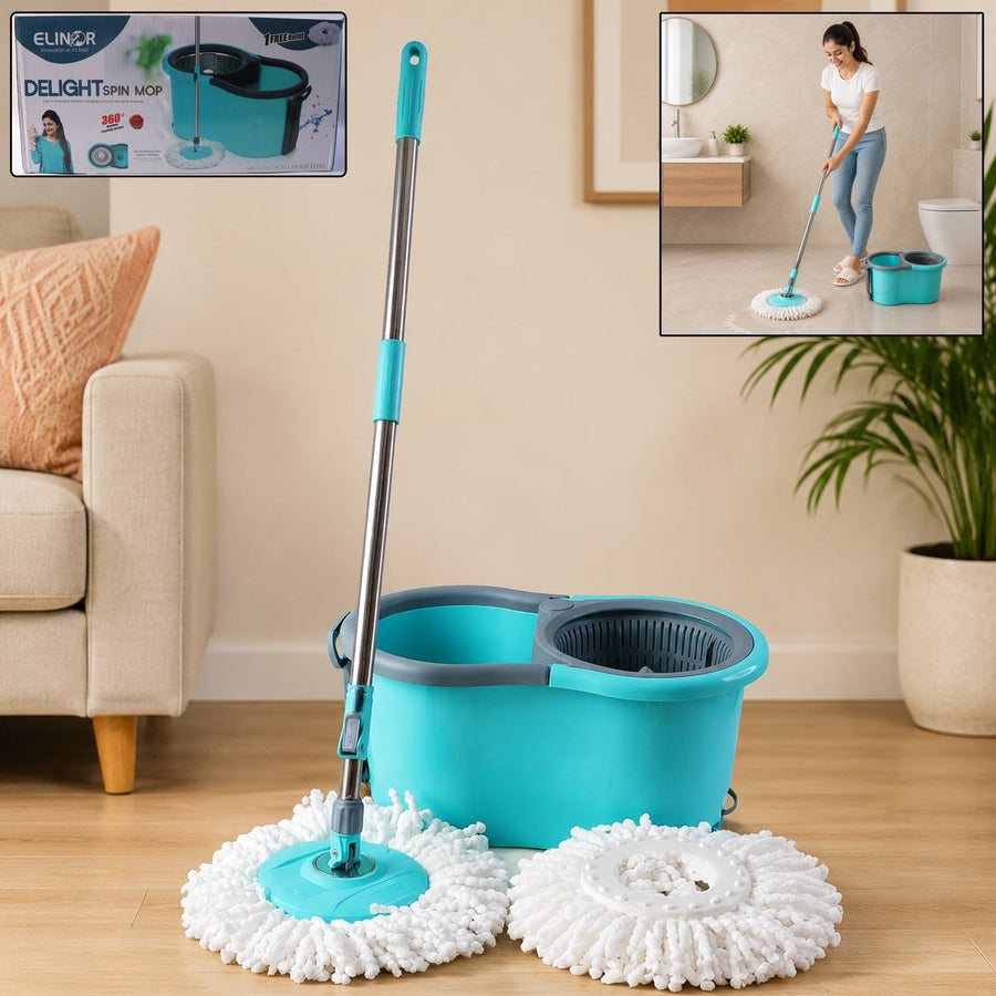 Plastic 360° Spin Mop Set with Bucket, Stainless Steel Rod & 2 Microfiber Refills