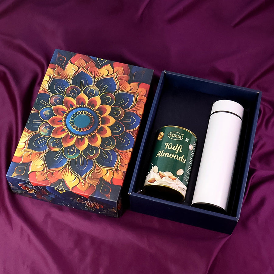 Effete Kulfi Almonds Gift Hamper, Golden With Bottle (2 Pc Set), Mix Color