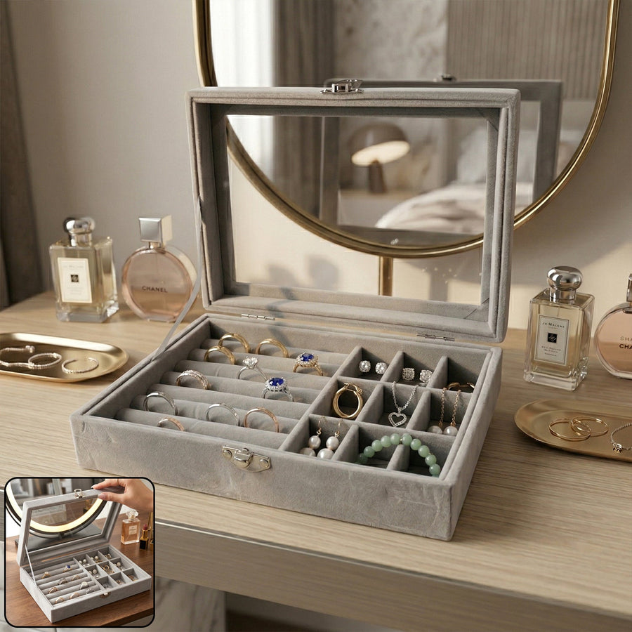Premium Velvet Jewellery Organizer Box with Transparent Lid